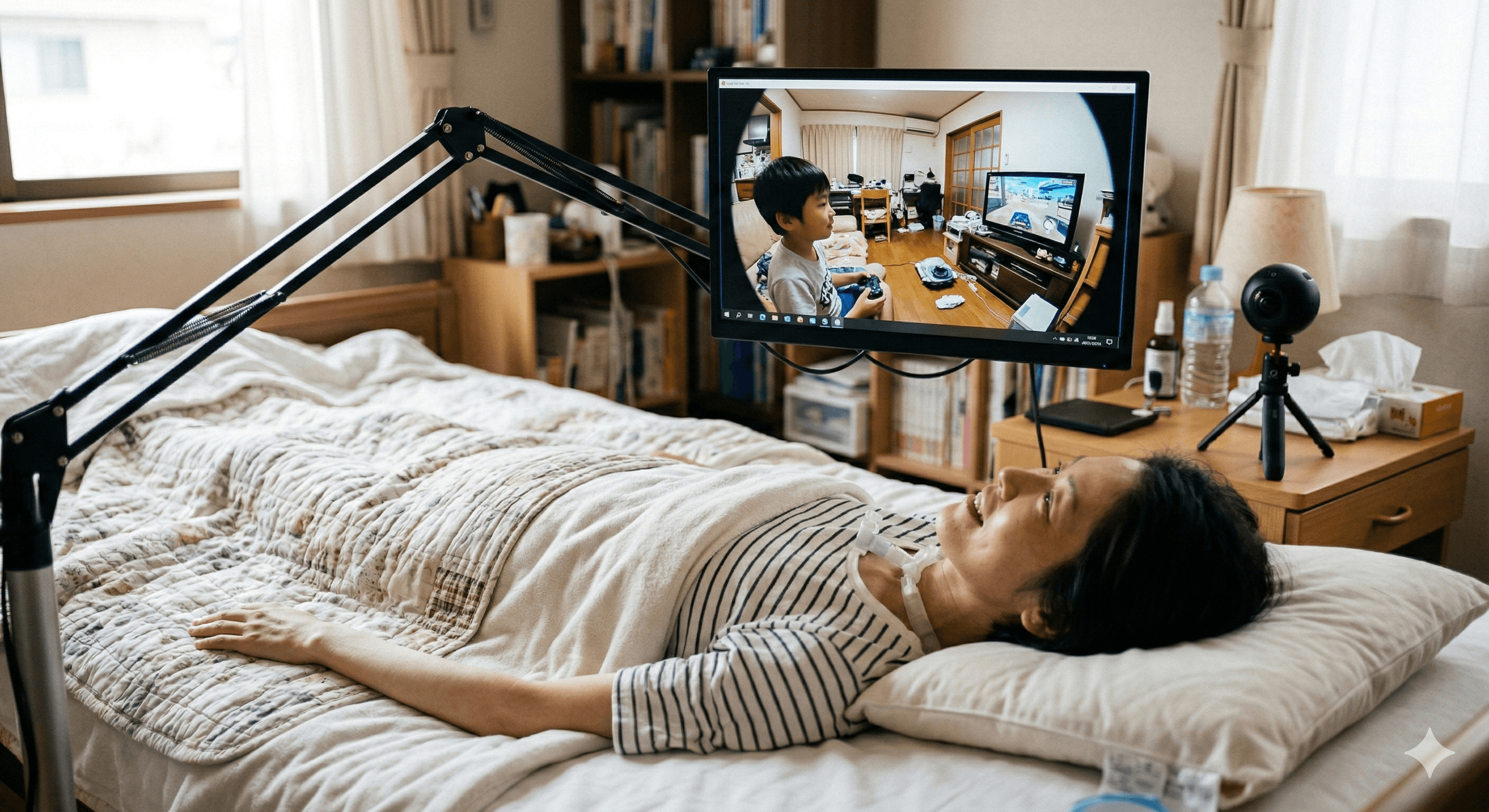 ベッド脇の360度カメラで部屋を見渡す患者さま
